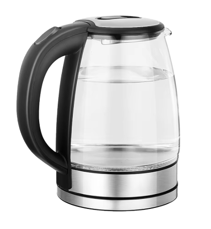 A modern electric kettle with a clear glass body, black handle and lid, and a brushed stainless steel base, shown on a solid white background.