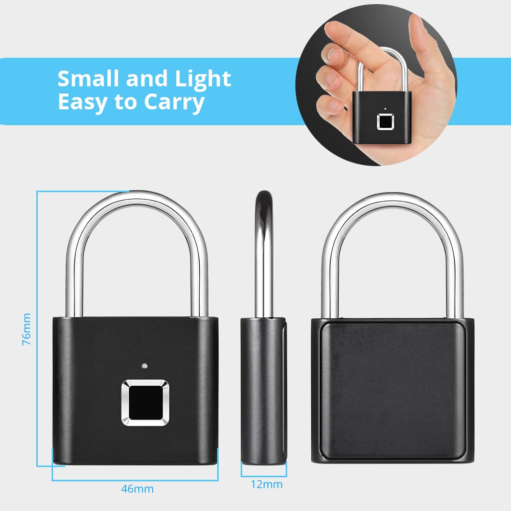 Black electronic lock with measurement details on a gray background