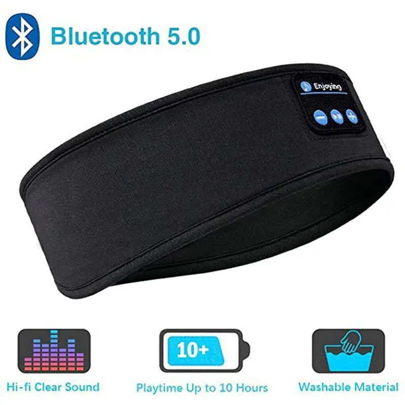 Black Bluetooth headband with control buttons on a white background