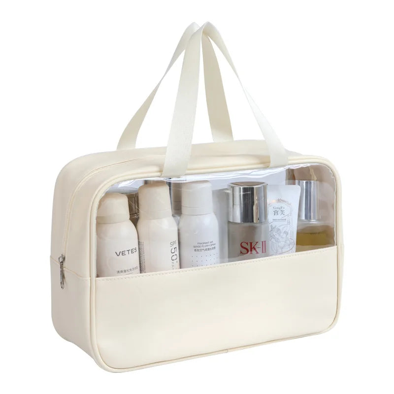 Beige toiletry bag with visible skincare products inside on a white background