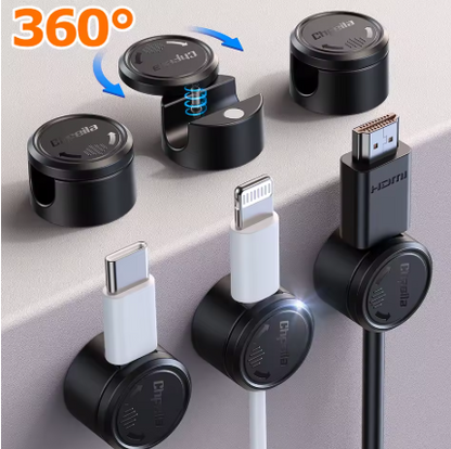 Three black magnetic cable organizers shown mounted on a light gray surface, holding a white USB-C cable, a white Lightning cable, and a black HDMI cable. One organizer is shown unscrewed with blue arrows indicating rotation, and a large orange '360°' text appears in the top left.