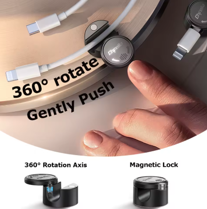 A close-up of a black magnetic cable organizer clip holding a white USB-C cable, with a finger pressing it. Text reads '360° rotate' and 'Gently Push,' with smaller inset views showing the rotation axis and magnetic lock.