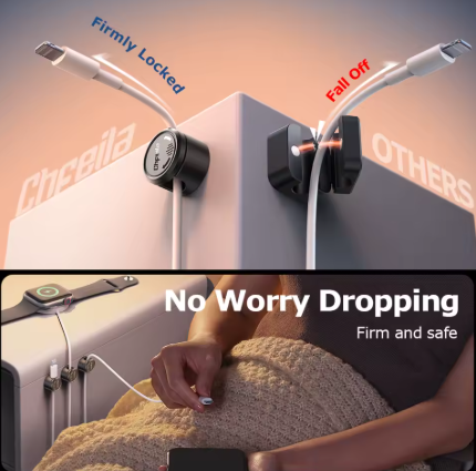 A promotional composite for a cable lock product. The top panel shows two white charging cables clipped onto a gray box; one is labeled 'Firmly Locked' with a black circular lock, and the other 'Fall Off' with a black clip.
