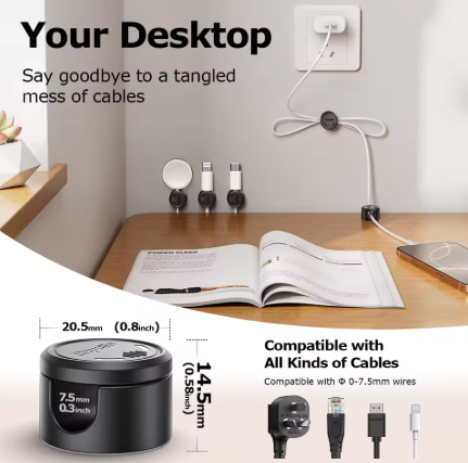 A promotional graphic for a black cable organizer desk plug. The top half shows the product in use on a wooden desk, holding a white charging cable plugged into a wall outlet.