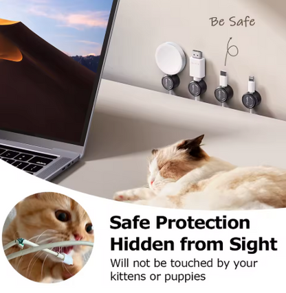 A promotional graphic for a pet safety cable protector. The main scene shows a cat sleeping peacefully while several charging cables are clipped to a wall, with the text 'Be Safe' and 'Safe Protection Hidden from Sight'.