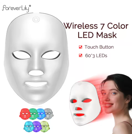 A wireless 7-color LED face mask shown on a white background, with product text, small thumbnails of the mask in different colors, and a woman's face partially visible on the right wearing the mask. The main product is a white LED mask with cutouts for the eyes, nose, and mouth, and a touch button at the top center.