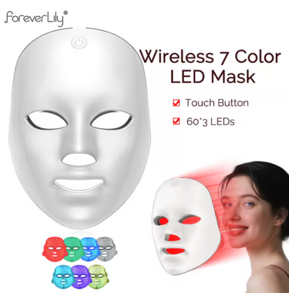 A wireless 7-color LED face mask shown on a white background, with product text, small thumbnails of the mask in different colors, and a woman's face partially visible on the right wearing the mask. The main product is a white LED mask with cutouts for the eyes, nose, and mouth, and a touch button at the top center.