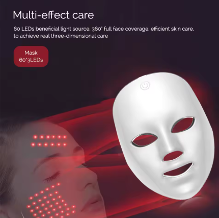 A white LED facial mask shown on a dark promotional graphic with red light beams and a close-up of part of a woman's face. Text reads 'Multi-effect care' and 'Mask 60 LEDs'.