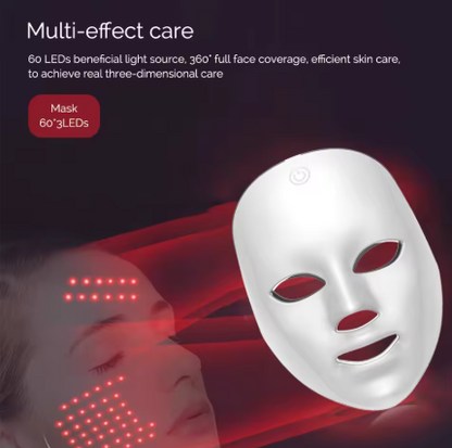 A white LED facial mask shown on a dark promotional graphic with red light beams and a close-up of part of a woman's face. Text reads 'Multi-effect care' and 'Mask 60 LEDs'.