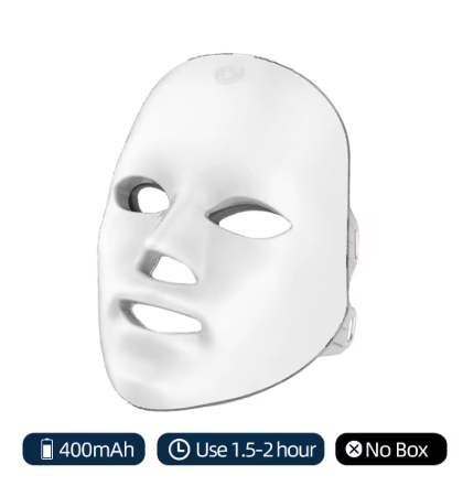 White LED facial therapy mask shown on a clean white background, with battery and usage icons displayed at the bottom indicating 400mAh battery, 1.5-2 hour use time, and no packaging box.