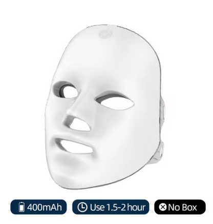 White LED facial therapy mask shown on a clean white background, with battery and usage icons displayed at the bottom indicating 400mAh battery, 1.5-2 hour use time, and no packaging box.