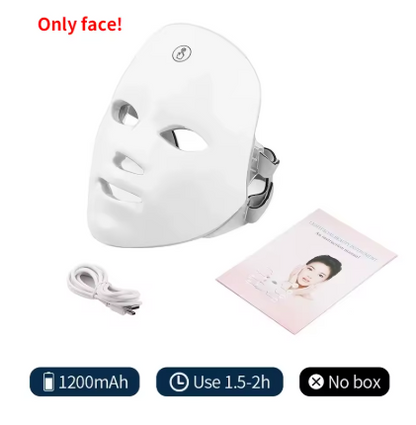 White LED facial mask with an adjustable strap, shown with a white charging cable and a small instruction card on a white background. Text at the top reads 'Only face!' and feature badges at the bottom mention 1200mAh battery, 1.