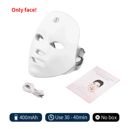 White LED facial therapy mask shown with a white charging cable and a small instruction card on a white background, with text reading 'Only face!' and battery/use details below.