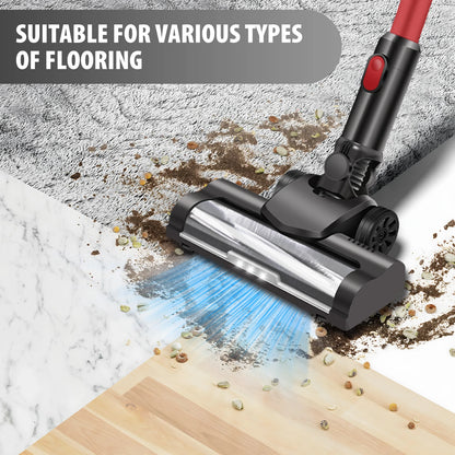 Vacuum cleaner head cleaning dirt on a floor with text 'Suitable for various types of flooring'.