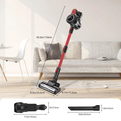 Cordless vacuum cleaner with measurement details in a living room setting