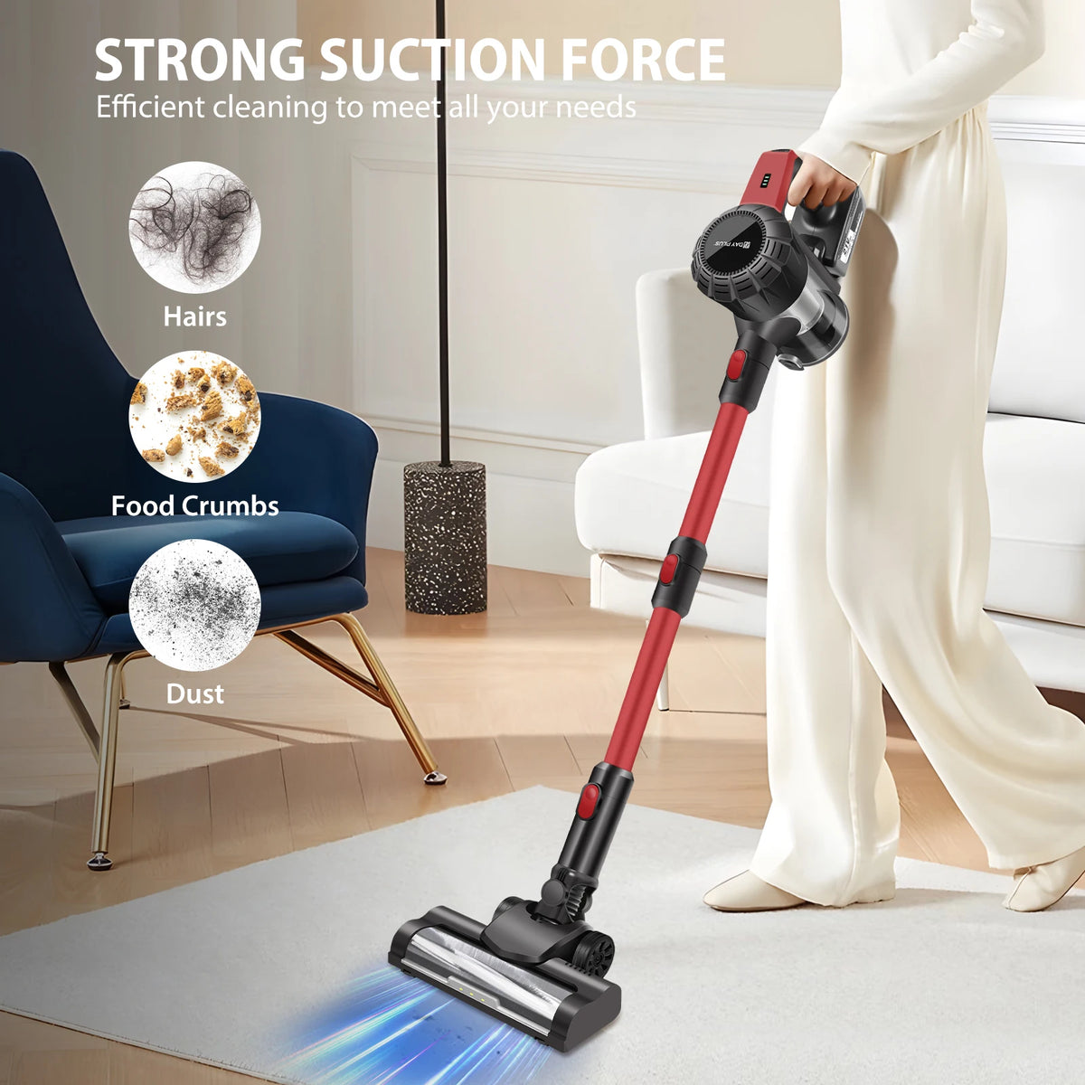 Person using a cordless vacuum cleaner in a living room with text highlighting its strong suction force.