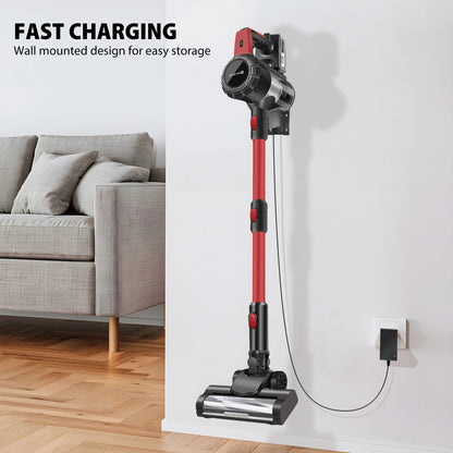 Red and black cordless vacuum cleaner charging against a white wall with text about fast charging and wall mounting.