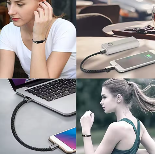 A four-panel collage showing a black braided USB-C charging cable in use: a woman wearing a black wristband in the top left, the cable connected to a laptop and phone on a table in the top right, the cable connected to a laptop and phone on a desk in the bottom left, and a woman in athletic wear with the cable and phone in the bottom right.