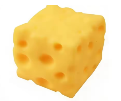 A yellow, cube-shaped foam block designed to look like a Swiss cheese block, featuring multiple circular holes, isolated on a white background.