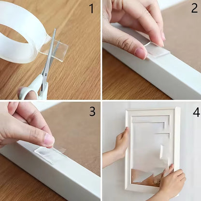 Step-by-step process of applying clear tape to a white frame on a wooden surface.