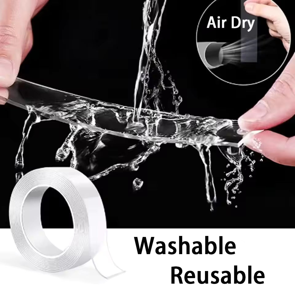 Transparent tape being stretched with water splashes, showing washable and reusable properties.