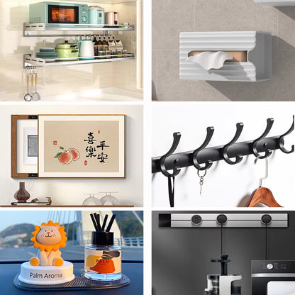 A 5x2 grid collage showing six different home products in use: wall-mounted shelves with kitchenware, a white wall-mounted tissue holder, framed wall art with Chinese calligraphy, a black multi-hook wall rack, and a small lion-themed palm fragrance diffuser.