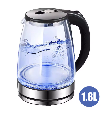 A 1.8L glass electric kettle with a black handle and lid, featuring a blue LED light glow inside, shown on a white background with a blue '1.