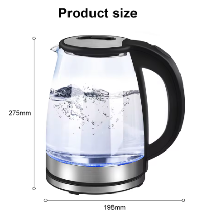 A glass electric kettle with a black handle and lid, shown with dimension labels indicating a height of 275mm and width of 198mm on a white background.