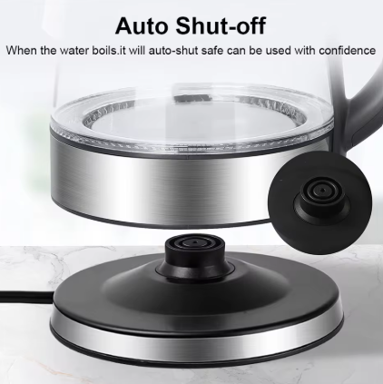 Electric kettle with a brushed stainless steel body, clear glass upper chamber, black handle, and black round base. Text at the top reads 'Auto Shut-off' with a safety feature description.