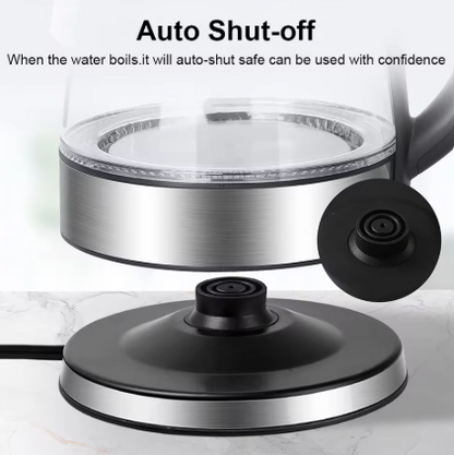 Electric kettle with a brushed stainless steel body, clear glass upper chamber, black handle, and black round base. Text at the top reads 'Auto Shut-off' with a safety feature description.