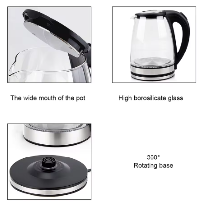 A four-panel product feature graphic for an electric kettle showing: the wide mouth of the pot, high borosilicate glass, the 360° rotating base, and the detached black lid. The kettle has a clear glass body with black and silver accents.