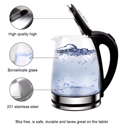 A glass electric kettle with a black handle and lid, shown on a white background with three circular callout insets highlighting features such as high quality, borosilicate glass, and 201 stainless steel. Text at the bottom reads 'Bba free, is safe, durable and taxes great on the tablet'.
