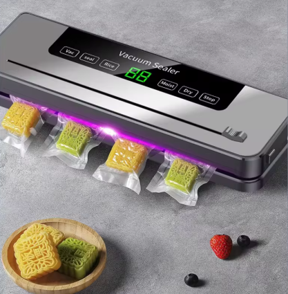 A silver and black vacuum sealer machine with a digital display, shown sealing clear plastic bags containing yellow and green square pastries. The sealer is placed on a gray textured surface, with additional pastries in a wooden bowl and a strawberry and blueberry nearby.