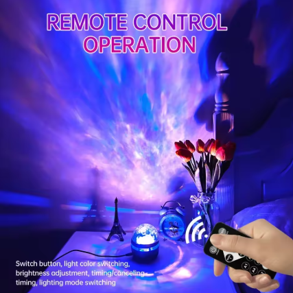 A hand holds a black remote control in front of a glowing blue and purple projector lamp on a bedside table, with the words 'REMOTE CONTROL OPERATION' at the top and a list of control functions at the bottom.