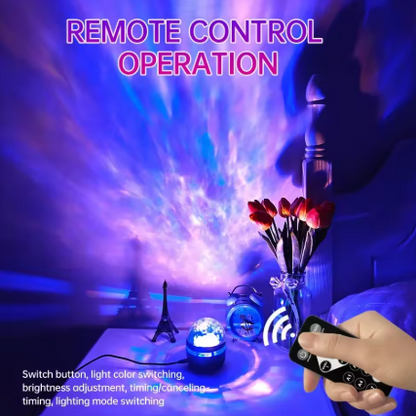 A hand holds a black remote control in front of a glowing blue and purple projector lamp on a bedside table, with the words 'REMOTE CONTROL OPERATION' at the top and a list of control functions at the bottom.