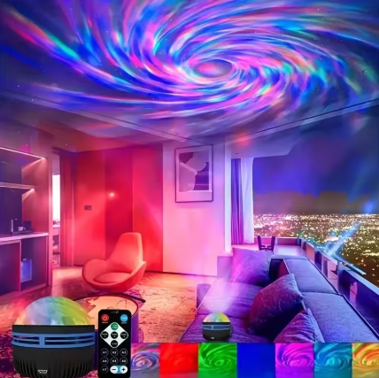 Colorful LED light projector in a living room with swirling lights on the ceiling.