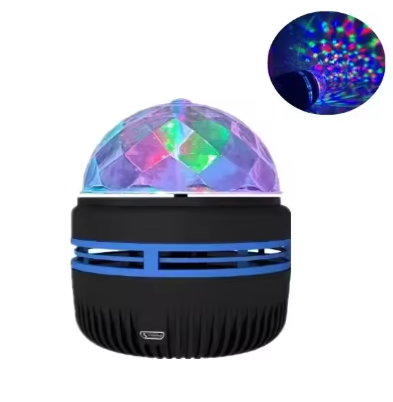 A portable USB light projector with a faceted dome that glows with multicolor LED lights, set on a black ribbed base with blue accent lines. A circular inset in the top right shows the projected light pattern.