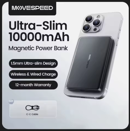 A promotional graphic for the MOVESPEED Ultra-Slim 10000mAh Magnetic Power Bank, showing a silver smartphone with a black magnetic battery pack attached, alongside text highlighting key features like 1.5mm ultra-slim design, wireless and wired charging, and a 12-month warranty.