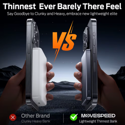 Promotional comparison graphic showing two hands holding slim smartphones with a white MOVESPEED power bank between them. Large text reads 'Thinnest Ever Barely There Feel' and 'Say Goodbye to Clunky and Heavy, embrace new lightweight elite,' with an orange 'VS' in the center.
