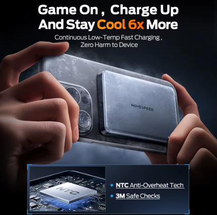 A person holds a smartphone with a rectangular metallic cooling accessory attached to the back. Large promotional text at the top reads 'Game On, Charge Up And Stay Cool 6x More,' and a feature panel at the bottom highlights NTC anti-overheat tech and 3M safe checks.