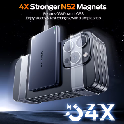 Smartphone with protective screen and case, highlighting '4X Stronger N52 Magnets' feature.