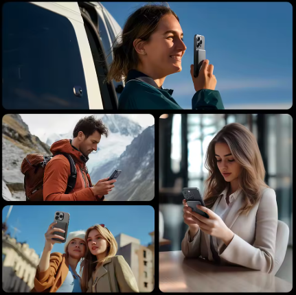 A four-panel collage showing people using smartphones in different real-world settings: a woman taking a photo outdoors near a vehicle, a man looking at a phone in a mountain setting, two women taking a selfie, and a woman seated indoors looking at her phone.