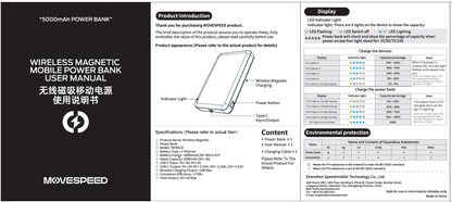 A product user manual page for the Movespeed GoodNough Power Bank, featuring a black-and-white product diagram with labeled parts, specifications, environmental protection, and LED display instructions.