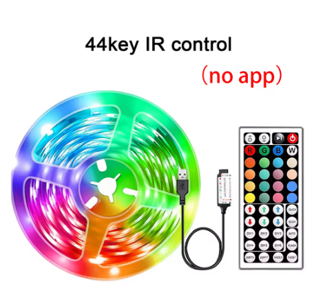 A coiled RGB LED light strip with a USB connector shown next to a 24-button remote control, with text reading '44key IR control (no app)' on a plain white background.