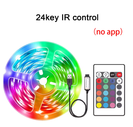 A 24-key IR remote control LED light strip shown on a white background, with the text '24key IR control (no app)'. The light strip is coiled and illuminated with a rainbow color spectrum, connected to a USB cable and a black remote control with colored buttons.