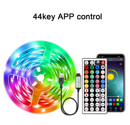 A 44-key app-controlled RGB LED light strip shown coiled with a USB cable, alongside a physical remote control and a smartphone displaying the companion app interface, on a plain white background.