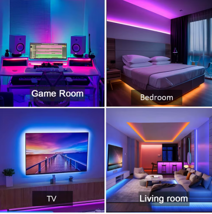 A 2x2 collage showing four real interior environments illuminated by colorful LED lighting: a game room with a desk and computer setup, a bedroom with a bed and purple ceiling light, a TV wall with a framed screen glowing blue, and a living room with a sofa and warm orange accent lighting.