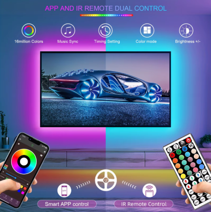 A smart TV remote control and smartphone app control interface shown in a promotional graphic. The center displays a TV screen with colorful ambient lighting effects, flanked by a smartphone app screen on the left and an IR remote on the right.
