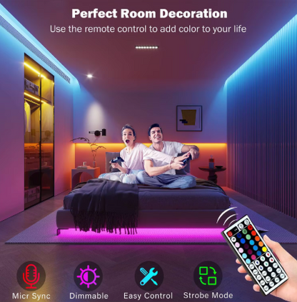 A bedroom scene with two people sitting on a bed holding a remote control, demonstrating RGB LED wall and floor lighting in multiple colors. The image includes marketing text at the top and feature icons at the bottom, with a hand holding the remote in the lower right corner.