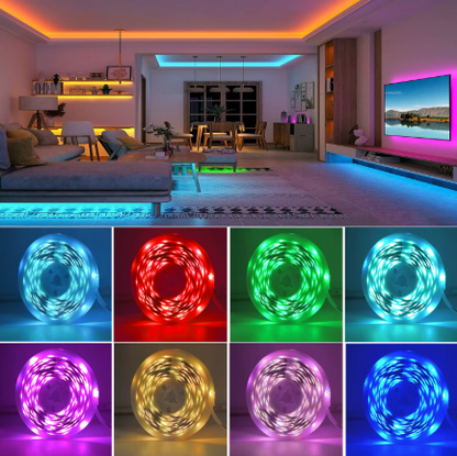 RGB LED strip lights shown in a modern living room setting with blue under-gaming and color-changing swatches below displaying multiple color options including blue, red, green, purple, yellow, and white.